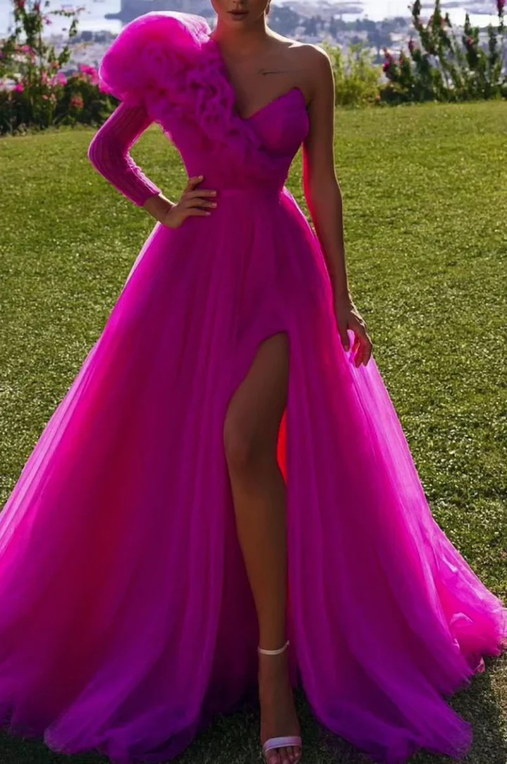 Ruffles Formal One Shoulder Tull High Slit Guest Dress Prom Dresses fg3131 - Image 2