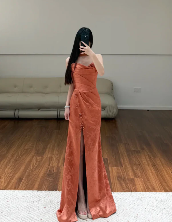 Rust Red Satin Prom Party Dress Evening Dress Graduation Dress fg8626