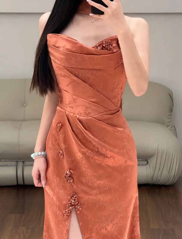Rust Red Satin Prom Party Dress Evening Dress Graduation Dress fg8626 - Image 2