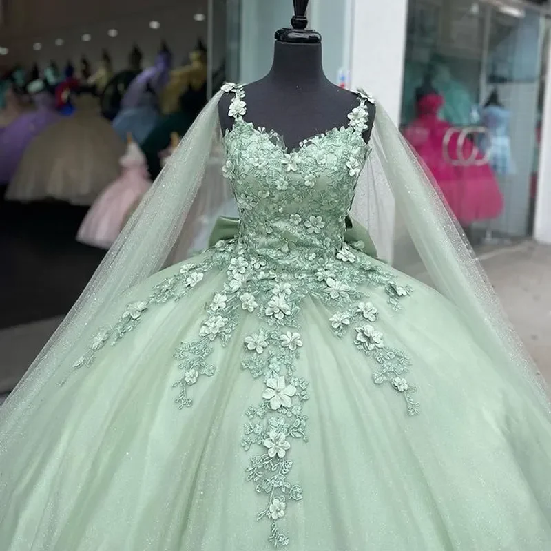 Sage Green Shiny Sweetheart Quinceanera Dresses With Cape Sweet 16 Dresses Ball Gown Applique Tulle Birthday Gowns    fg4540 - Image 2