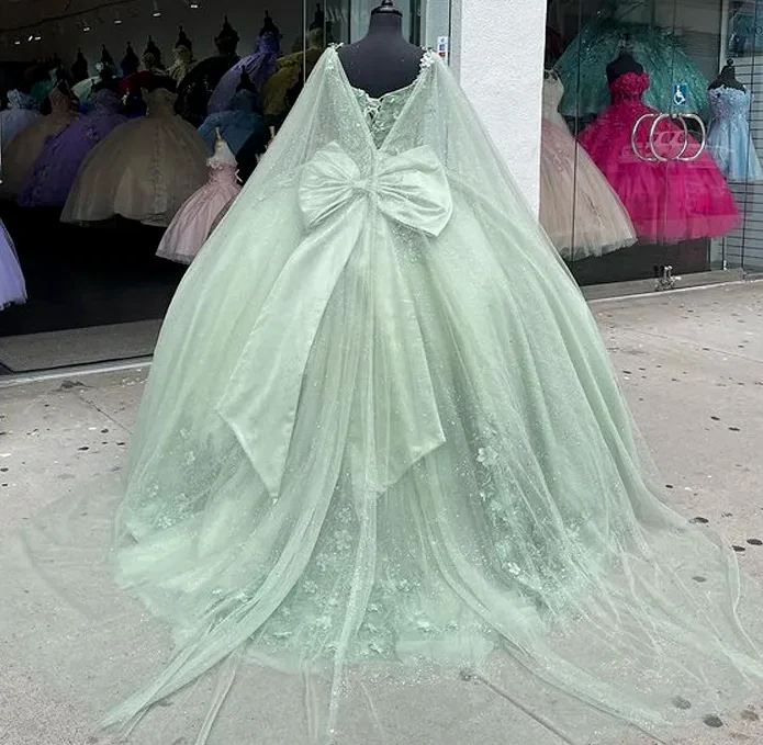 Sage Green Shiny Sweetheart Quinceanera Dresses With Cape Sweet 16 Dresses Ball Gown Applique Tulle Birthday Gowns    fg4540 - Image 4