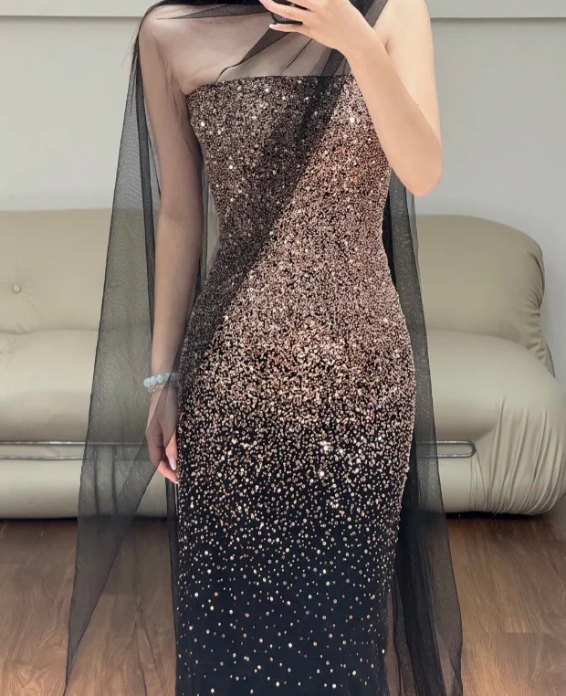 Sequin Black Sexy Prom Party Dress Birthday Outfit Shiny Evening Dress  fg8639 - Image 2