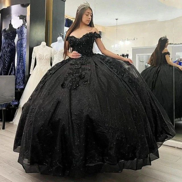 Shiny Black Quinceanera Off Shoulder Dress Sweet 15 16 Party Ball Gown Prom Dress fg4072 - Image 2