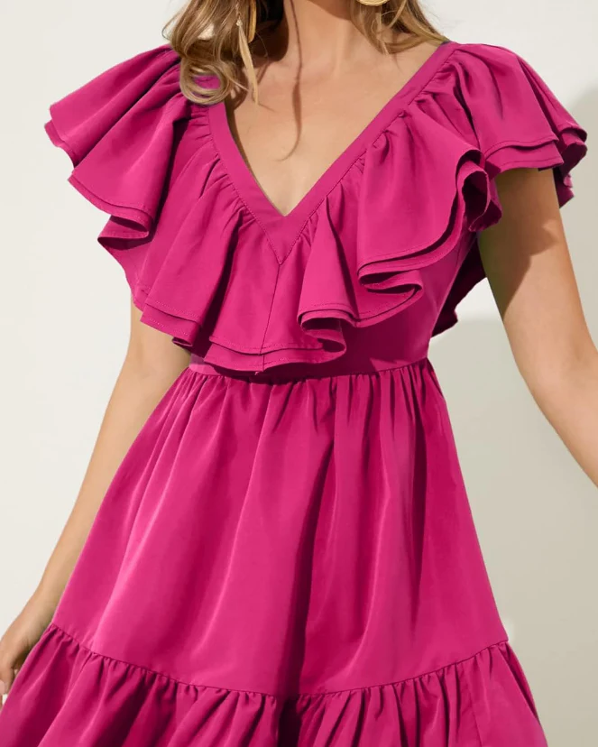 Short Dress V Neck Two Trim Ruffle Hem Dress Homecoming Dress Short Party Dress fg4266 - Image 2