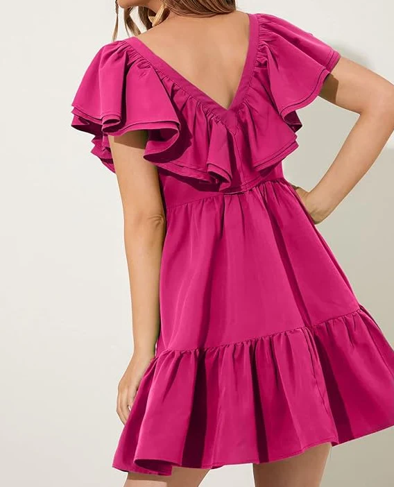 Short Dress V Neck Two Trim Ruffle Hem Dress Homecoming Dress Short Party Dress fg4266 - Image 3