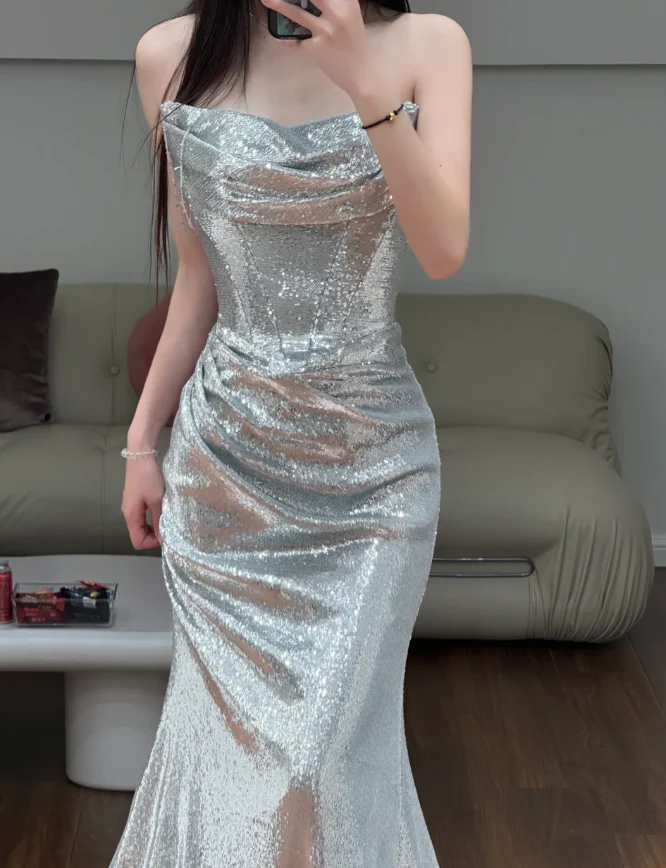 Silver Mermaid Prom Party Dress Evening Dress Birthday Outfit fg8604 - Image 2