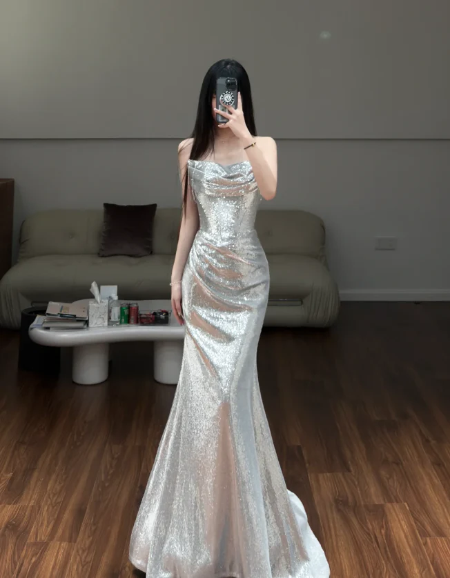 Silver Mermaid Prom Party Dress Evening Dress Birthday Outfit fg8604 - Image 4