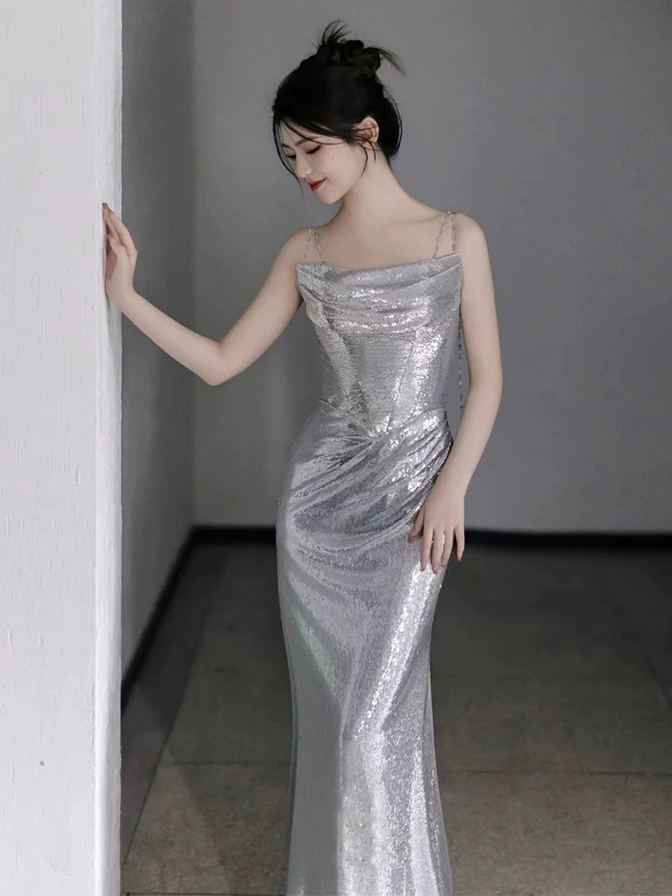 Silver Sequin Mermaid Long Prom Dress Sexy Evening Dresses fg7666 - Image 2
