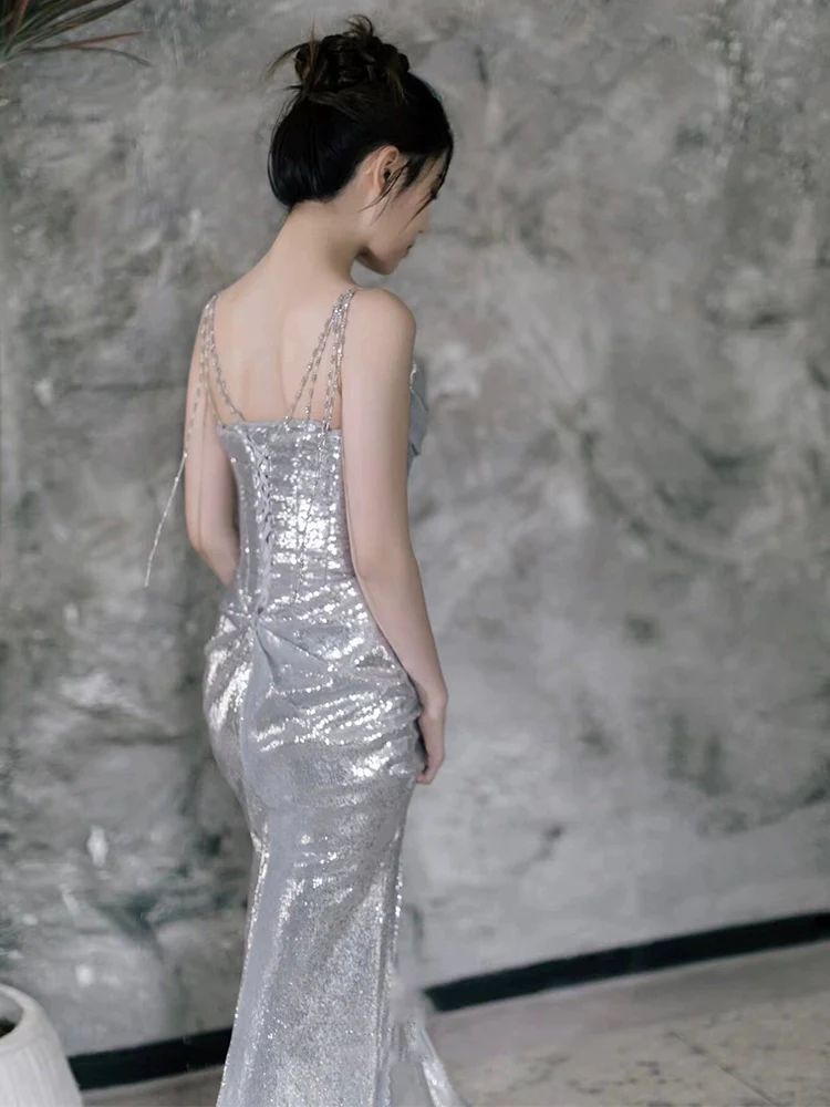 Silver Sequin Mermaid Long Prom Dress Sexy Evening Dresses fg7666 - Image 3