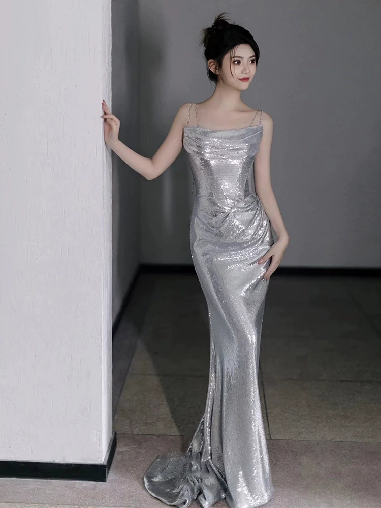 Silver Sequin Mermaid Long Prom Dress Sexy Evening Dresses fg7666 - Image 4