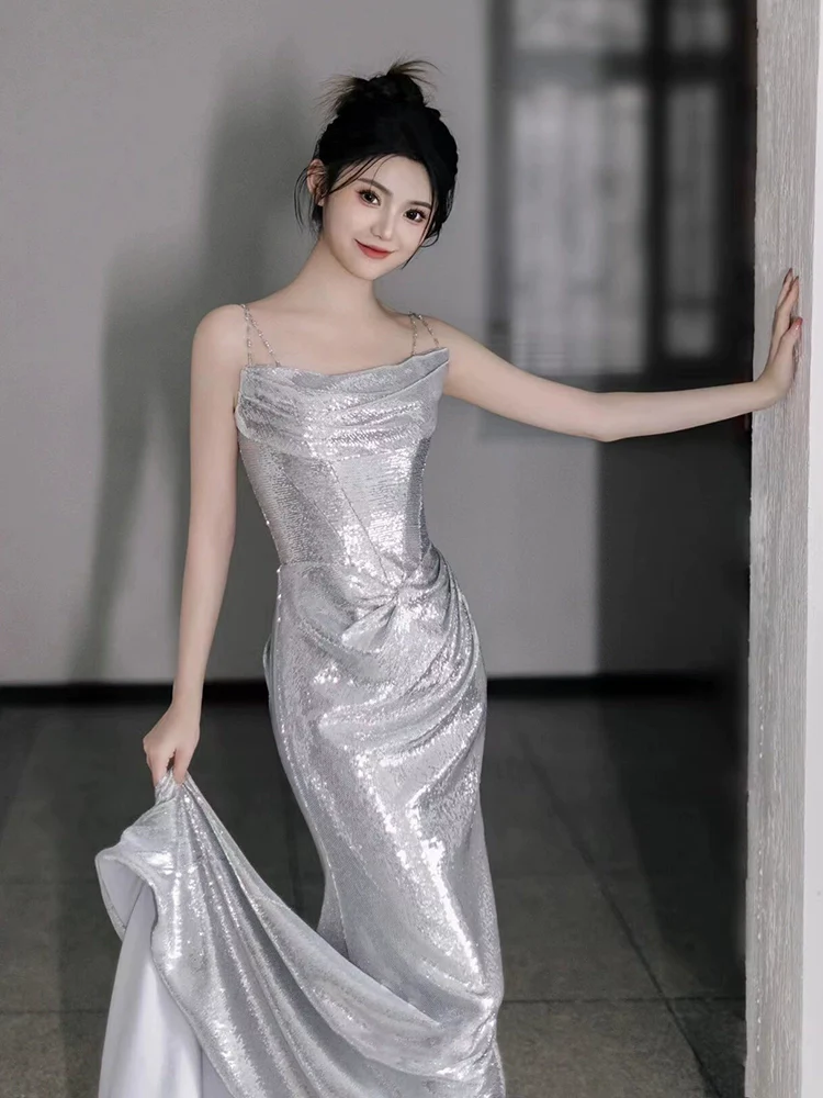 Silver Sequin Mermaid Long Prom Dress Sexy Evening Dresses fg7666 - Image 5