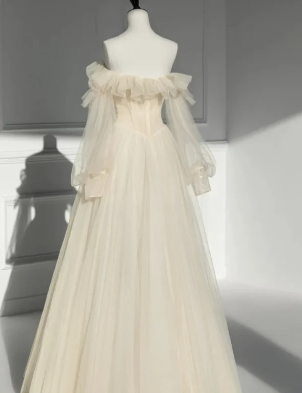 Champagne Off-the-shoulder Gown Dress Long Sleeve Prom Dress Evening Dress fg4297 - Image 2