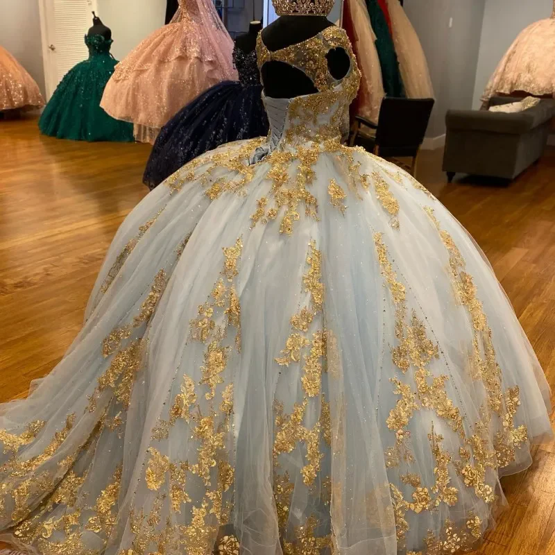 Sky Blue Sexy V-Neck Ball Gown Luxury Beaded Gold Applique Quinceanera Dresses Sleeveless Tull Princess Sweet 16 15 Vestidos De        fg5575 - Image 3