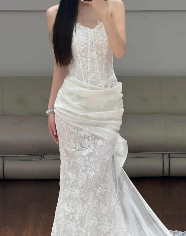 Sleeveless White Lace Wedding Dress Mermaid Classy Wedding Gowns  fg8679 - Image 2