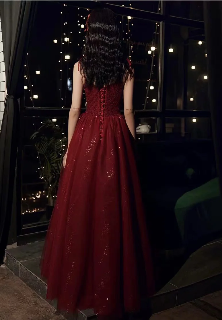 Spaghetti Strap Evening Dress ,dark red Birthday Dress, Sweet Party Dress,custom Made       fg5591 - Image 2