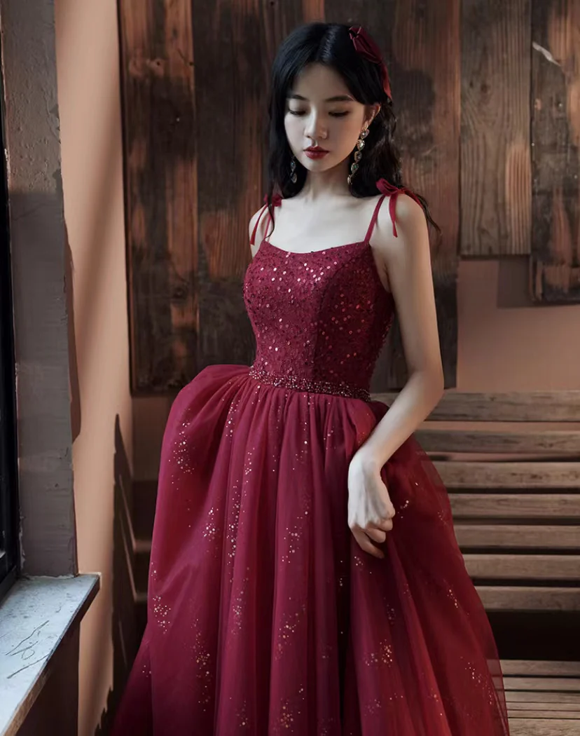 Spaghetti Strap Evening Dress ,dark red Birthday Dress, Sweet Party Dress,custom Made       fg5591 - Image 3