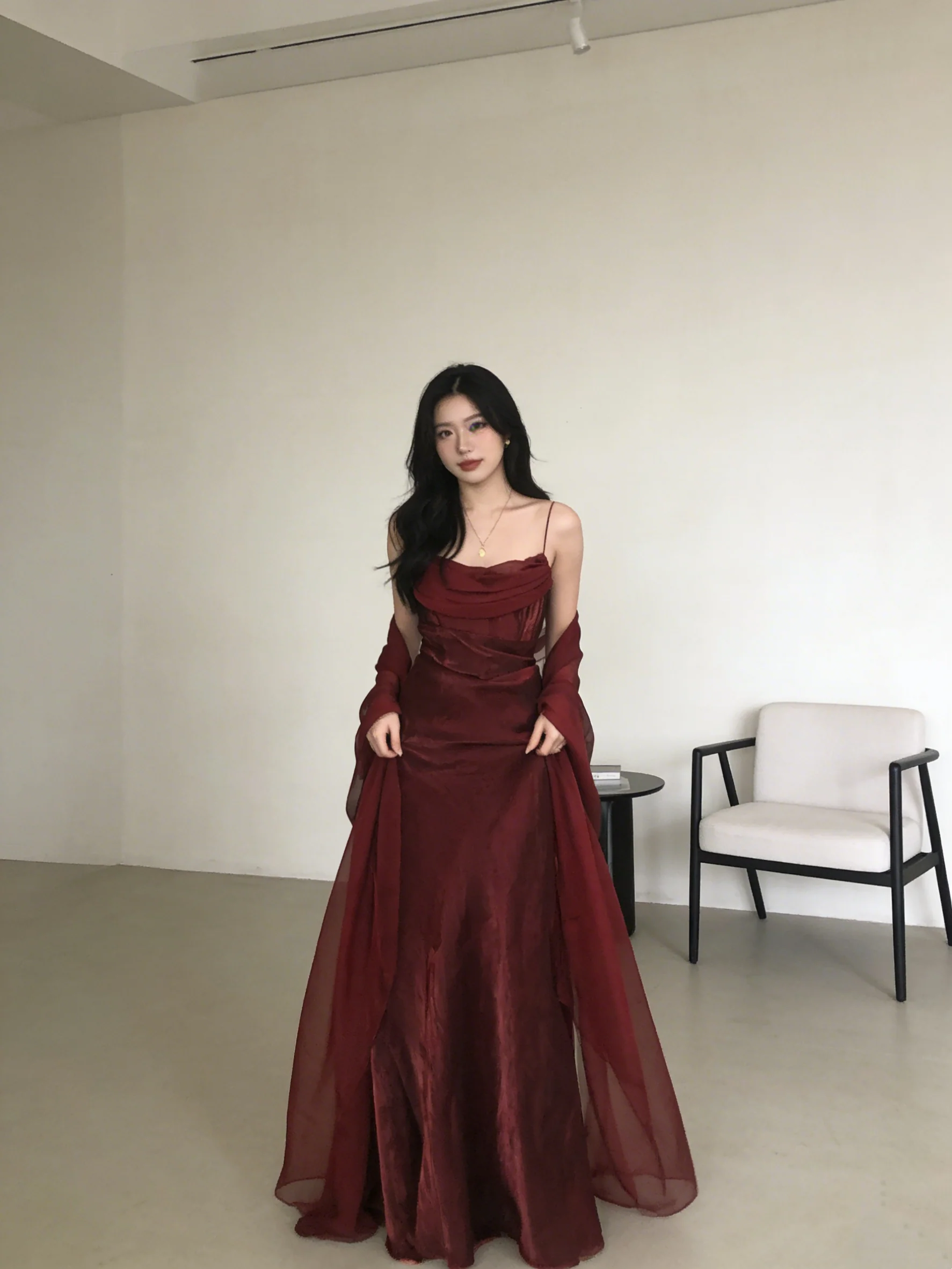 Spaghetti Straps Simple Burgundy Long Prom Dress fg1794 - Image 9