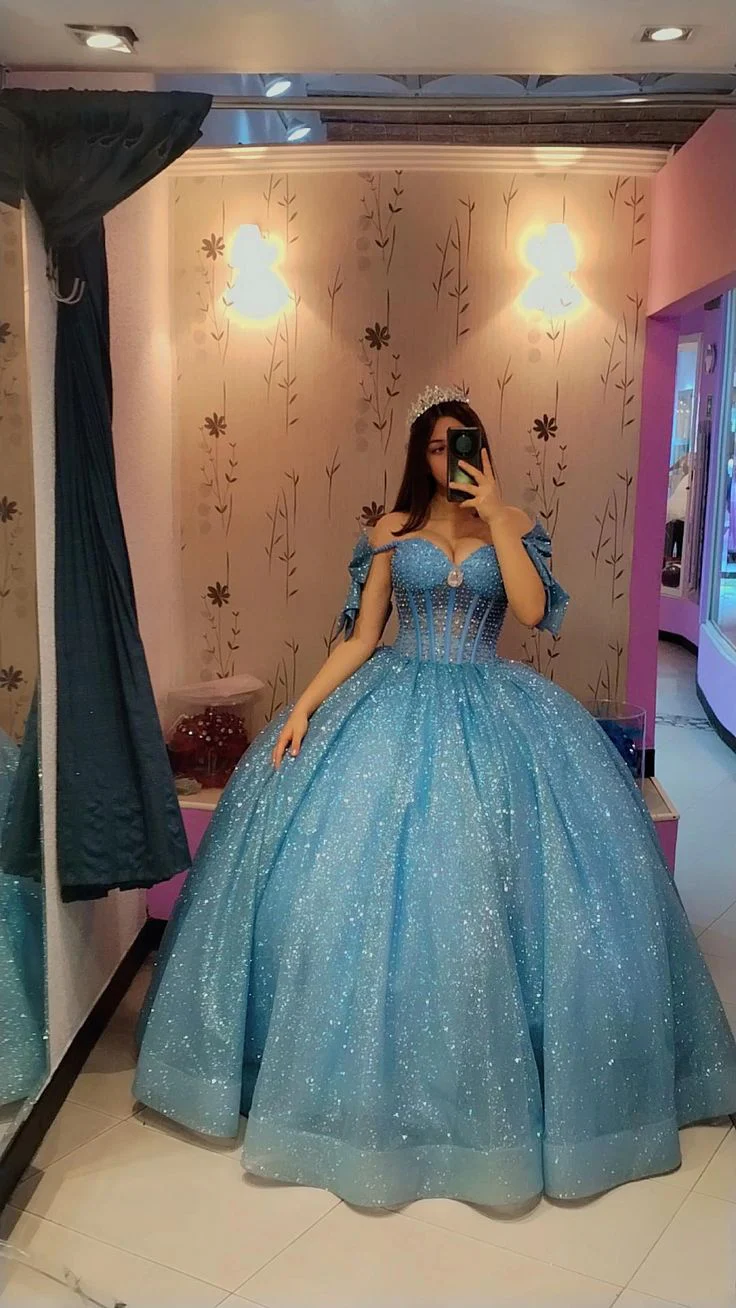 Sparkly Blue Quinceanera Dress Off Shoulder A Line Birthday Party Princess Ball Gown fg7942 - Image 2