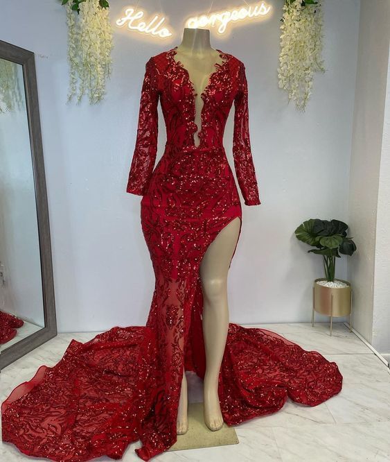 Sparkly Prom Dresses Long Sleeve V Neck Mermaid Elegant Prom Gown 2024 Formal Occasion Dresses    fg4376 - Image 2