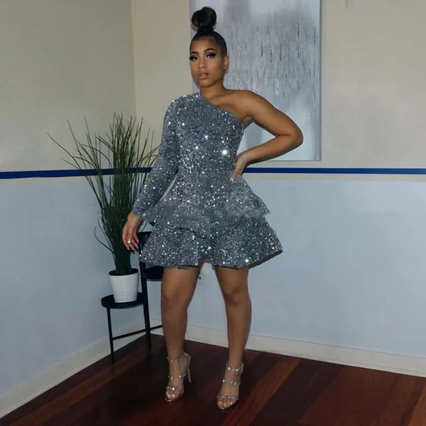 Sparkly Sequin Cocktail Dresses Short A Line One Shoulder African Women Formal Long Sleeve Homecoming Dress fg3459