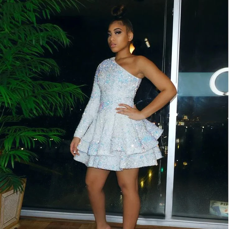 Sparkly Sequin Cocktail Dresses Short A Line One Shoulder African Women Formal Long Sleeve Homecoming Dress fg3459 - Image 3