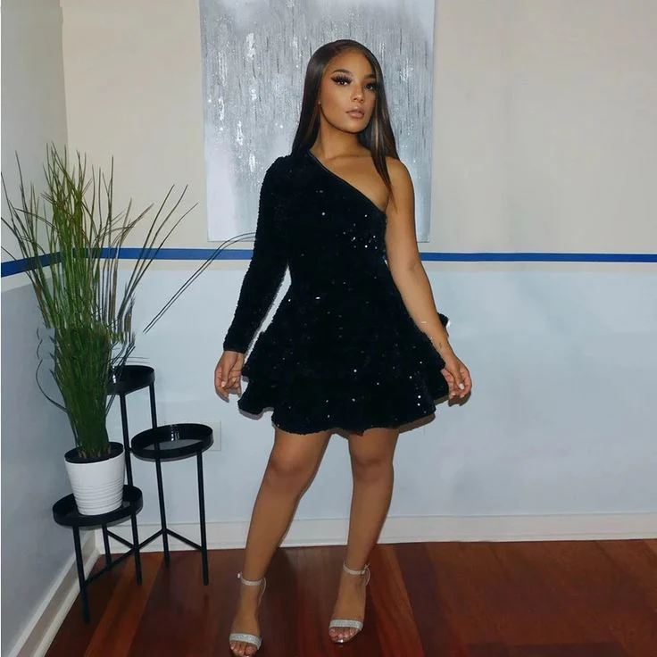 Sparkly Sequin Cocktail Dresses Short A Line One Shoulder African Women Formal Long Sleeve Homecoming Dress fg3459 - Image 4