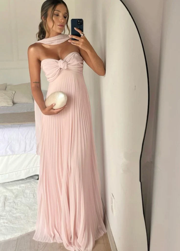 Strapless A Line Pink Long Prom Dress Pleated Formal Party Gown       fg6582 - Image 3