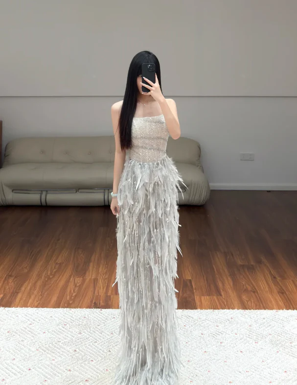 Strapless Feather Sparkle Evening Dress Prom Party Dress Wedding Dress fg8632