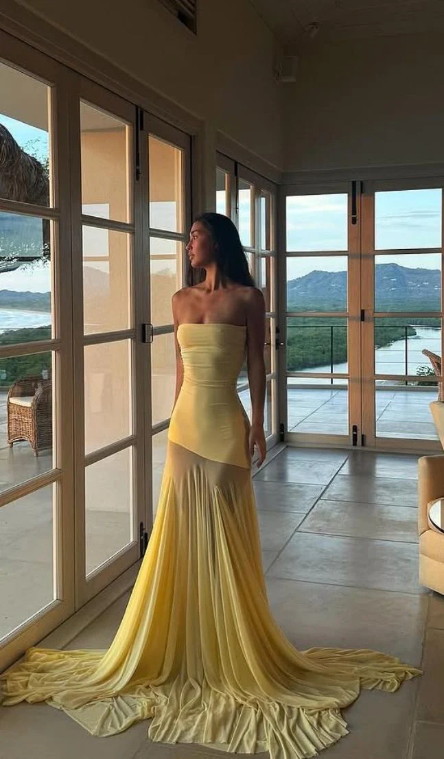 Strapless Long Mermaid Prom Dresses 2025 Yellow Party Dress Evening Dress fg7867
