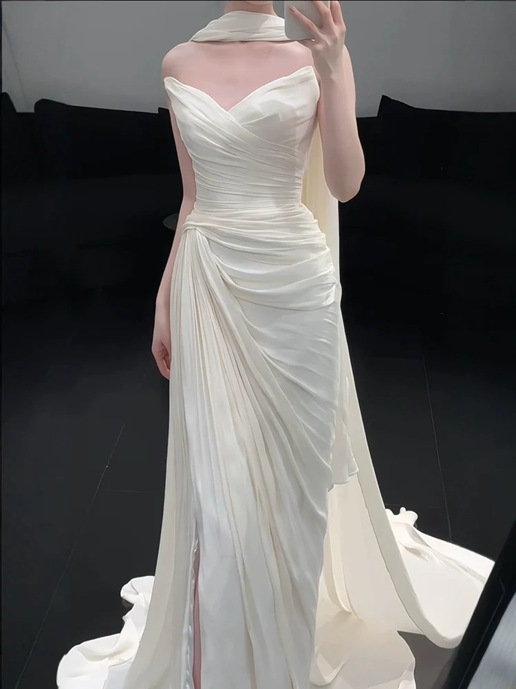 Strapless Pleat Long Wedding Dress Evening Party Dresses fg7706 - Image 5