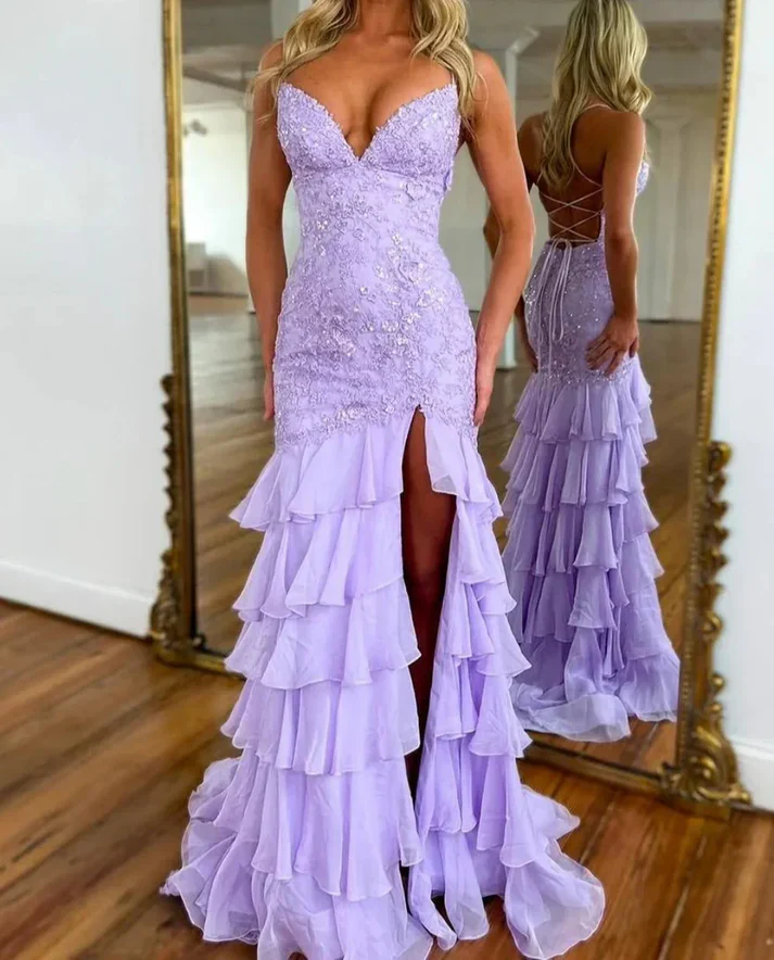 Stunning Lilac Mermaid Spaghetti Straps Silt Prom Dress Backless Lace Applique Evening Dress with Ruffles fg8540