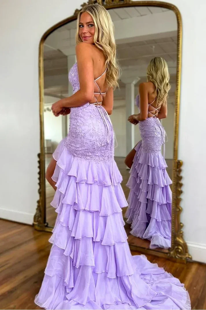 Stunning Lilac Mermaid Spaghetti Straps Silt Prom Dress Backless Lace Applique Evening Dress with Ruffles fg8540 - Image 3