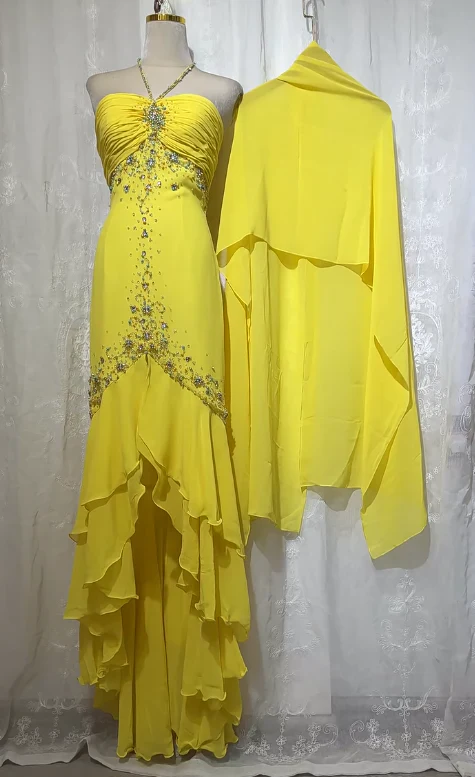 Stunning Yellow Halter Neck Sheath Chiffon Beaded Hi-Lo Prom Dresses Elegant Wedding Guest Dresses fg8547
