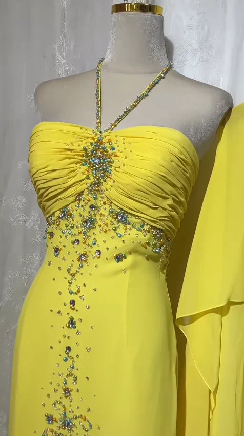 Stunning Yellow Halter Neck Sheath Chiffon Beaded Hi-Lo Prom Dresses Elegant Wedding Guest Dresses fg8547 - Image 2