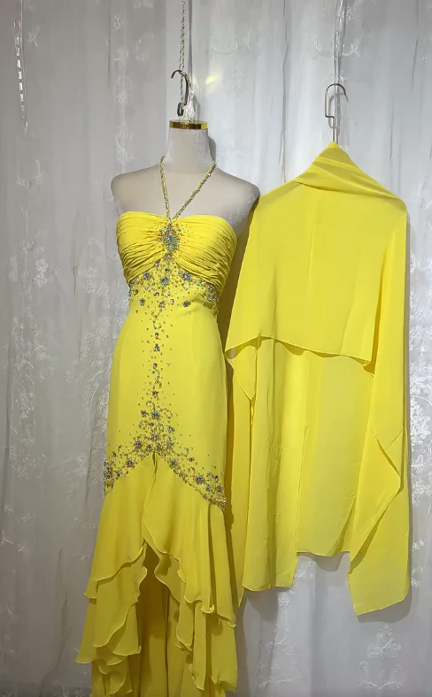 Stunning Yellow Halter Neck Sheath Chiffon Beaded Hi-Lo Prom Dresses Elegant Wedding Guest Dresses fg8547 - Image 4