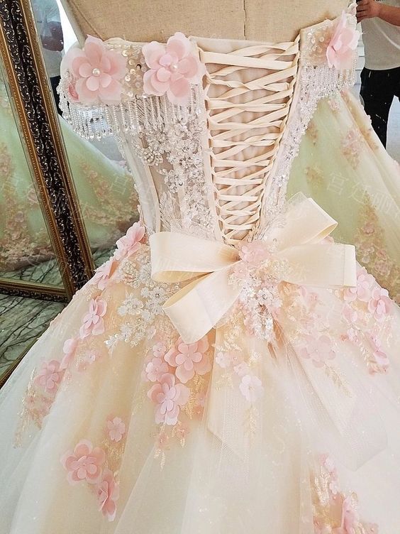 Sweet 16 Dresses Pink Lace Floral Prom Dresses Ball Gown Off The Shoulder Elegant Beaded Luxury Prom Gown        fg4334 - Image 2
