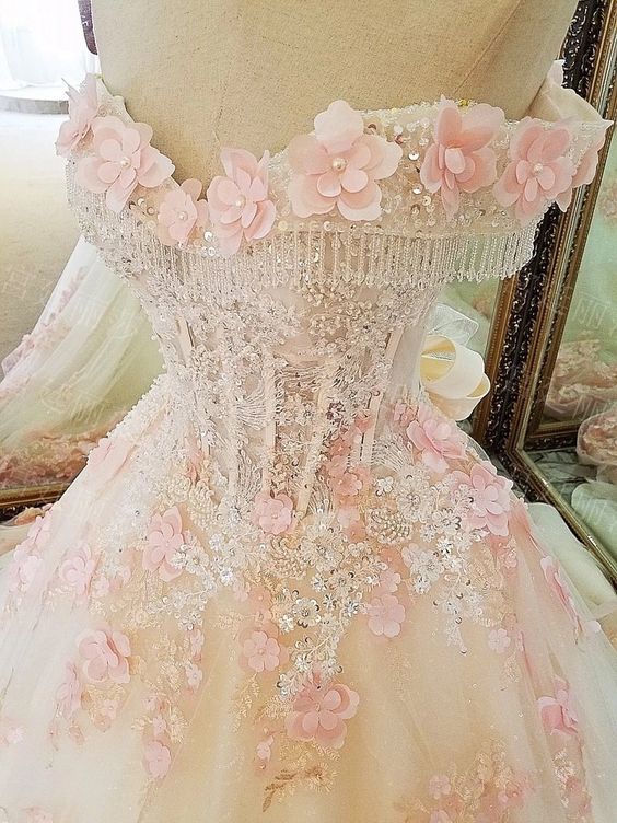 Sweet 16 Dresses Pink Lace Floral Prom Dresses Ball Gown Off The Shoulder Elegant Beaded Luxury Prom Gown        fg4334 - Image 3
