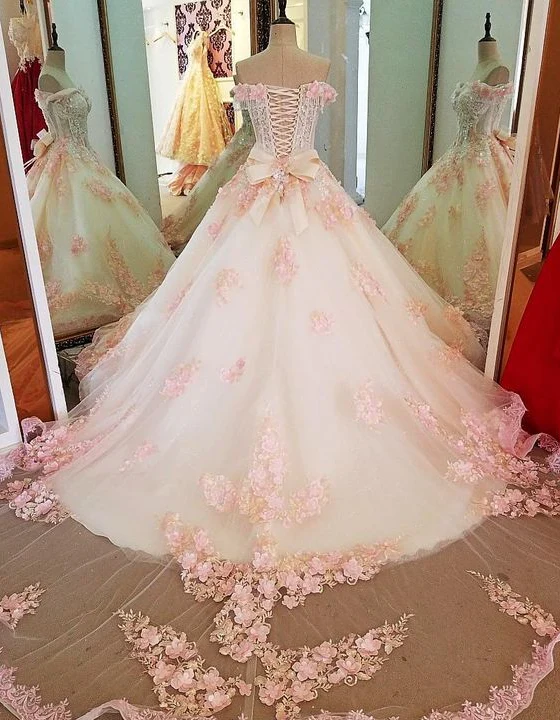 Sweet 16 Dresses Pink Lace Floral Prom Dresses Ball Gown Off The Shoulder Elegant Beaded Luxury Prom Gown        fg4334 - Image 4