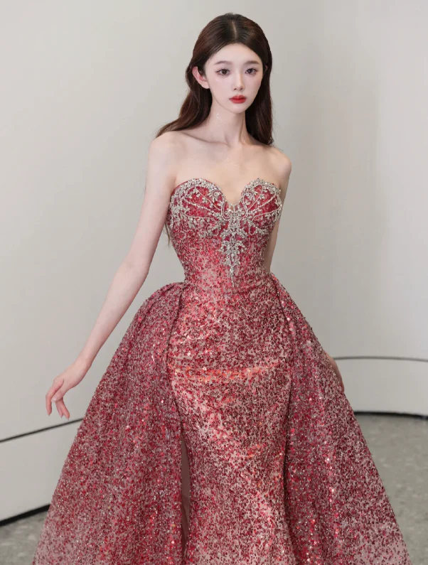 Sweetheart Neck Burgundy Prom Party Dress Sparkle Evening Dress Birthday Dress fg8650 - Image 4