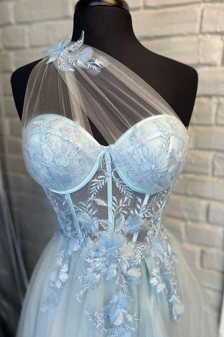 Sweetheart One Shoulder Blue Prom Dress with Flowers       fg4501 - Image 3