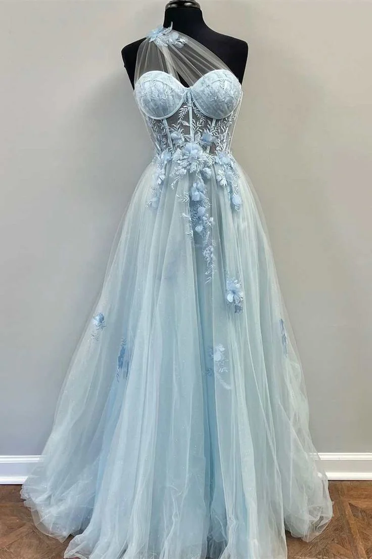 Sweetheart One Shoulder Blue Prom Dress with Flowers       fg4501 - Image 4