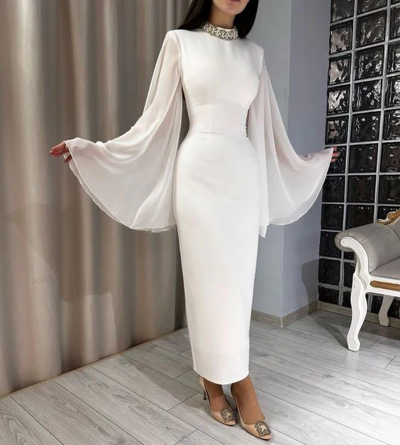 White Long Sleeves Evening Dress Custom Made Ankle Length Prom Gown fg4587 - Image 2