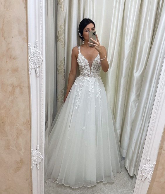 Unique v neck tulle lace long prom dress, tulle lace wedding dress fg4707 - Image 2