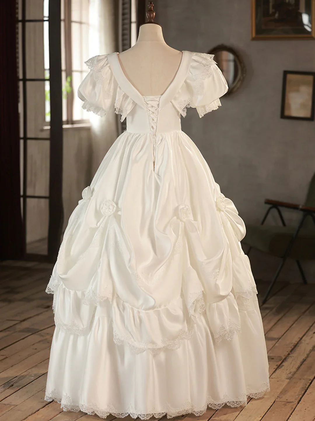 V-Neck Satin Long Prom Dress, Lace Wedding Dress      fg5826 - Image 3