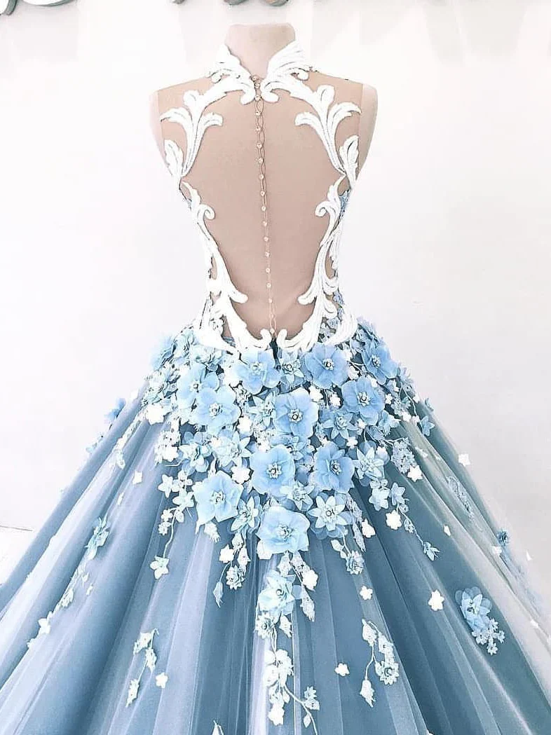 Vintage Ball Gown Prom Dress Tulle High Neck Customed Prom Dress fg3052 - Image 3