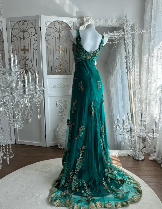 Vintage Green Lace Prom Party Dress Satin Evening Dress  fg8643 - Image 2