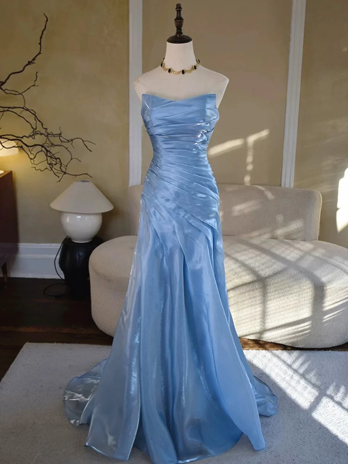 Vintage-Inspired Blue Strapless Prom Dress, Ruched Pleated Mermaid Evening Dress  fg8746 - Image 2