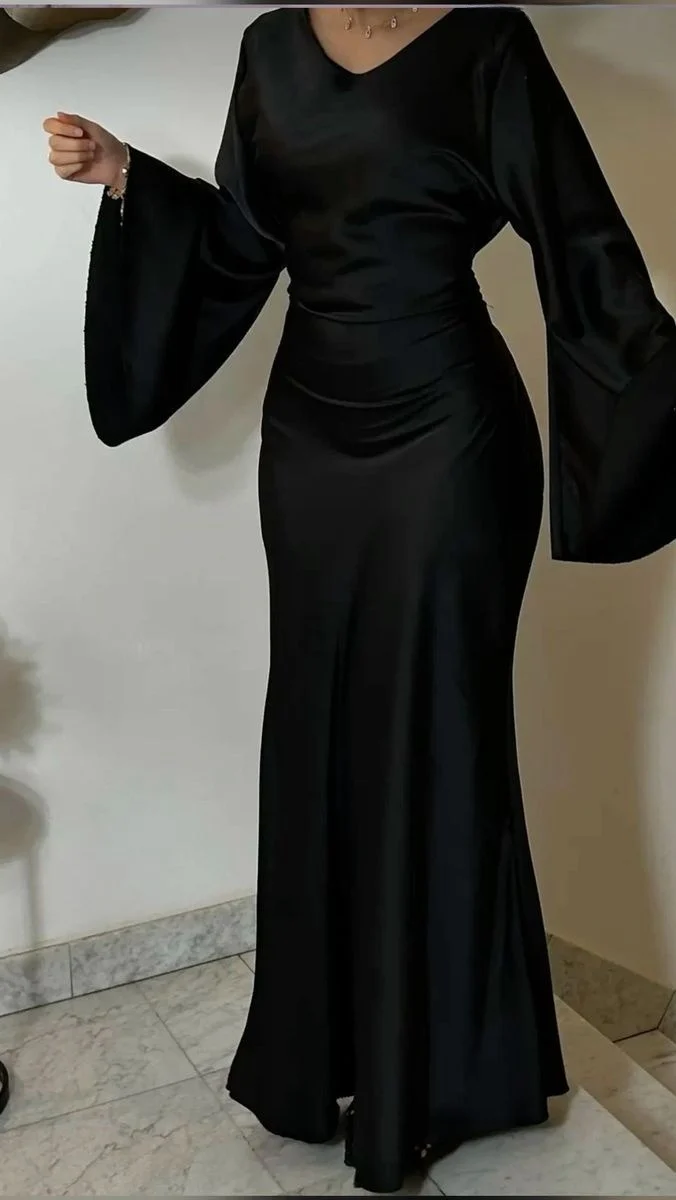 Vintage long satin black dress for women, elegant evening dress     fg7495 - Image 2