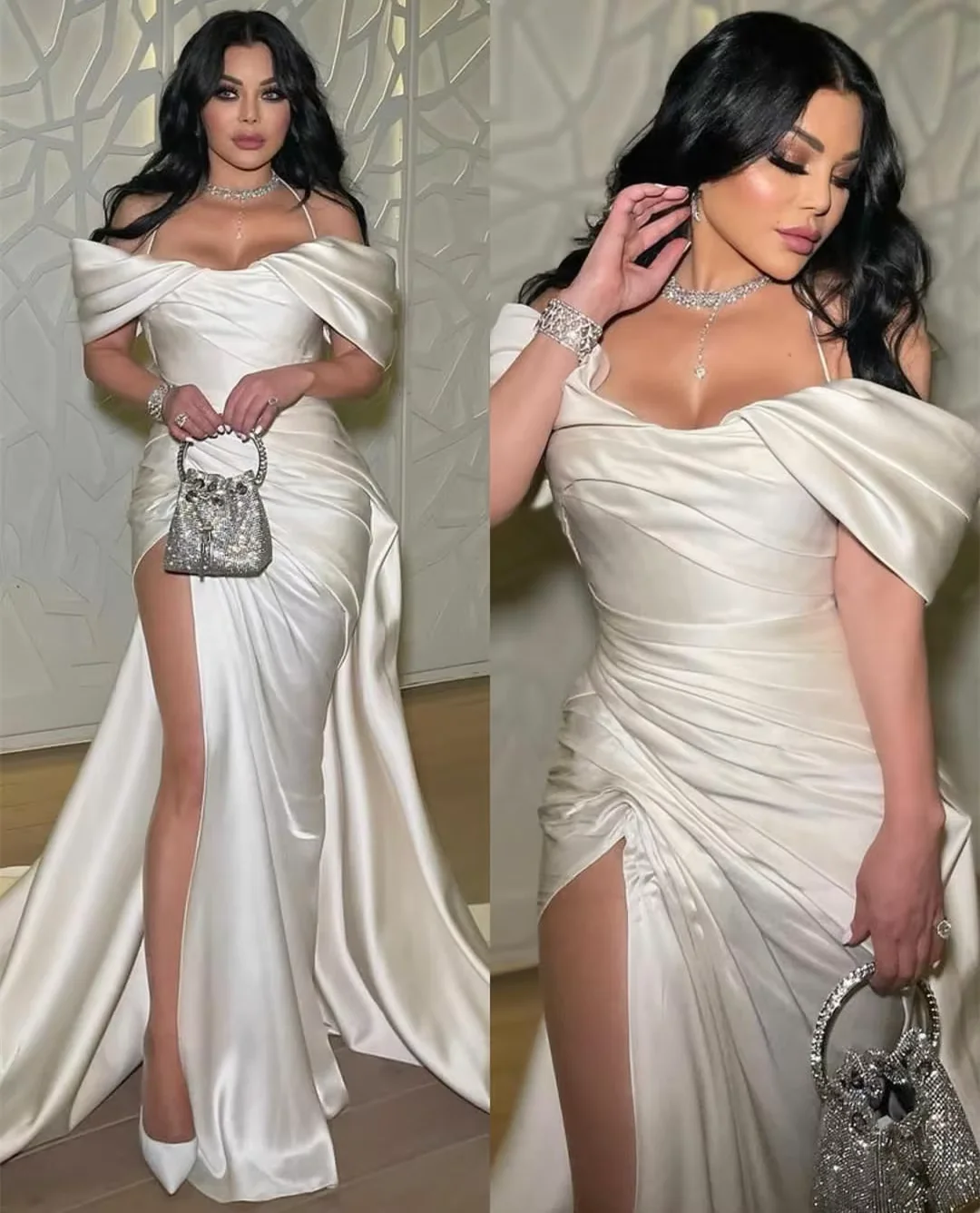 Vintage long satin pleated dress for women, elegant evening dress     fg7491 - Image 7