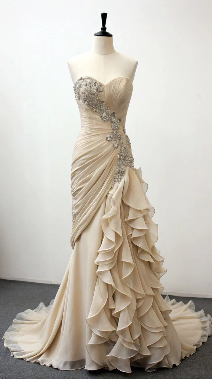 Vintage Mermaid Strapless Champagne Chiffon Prom Dresses Wedding Dress fg7836 - Image 2